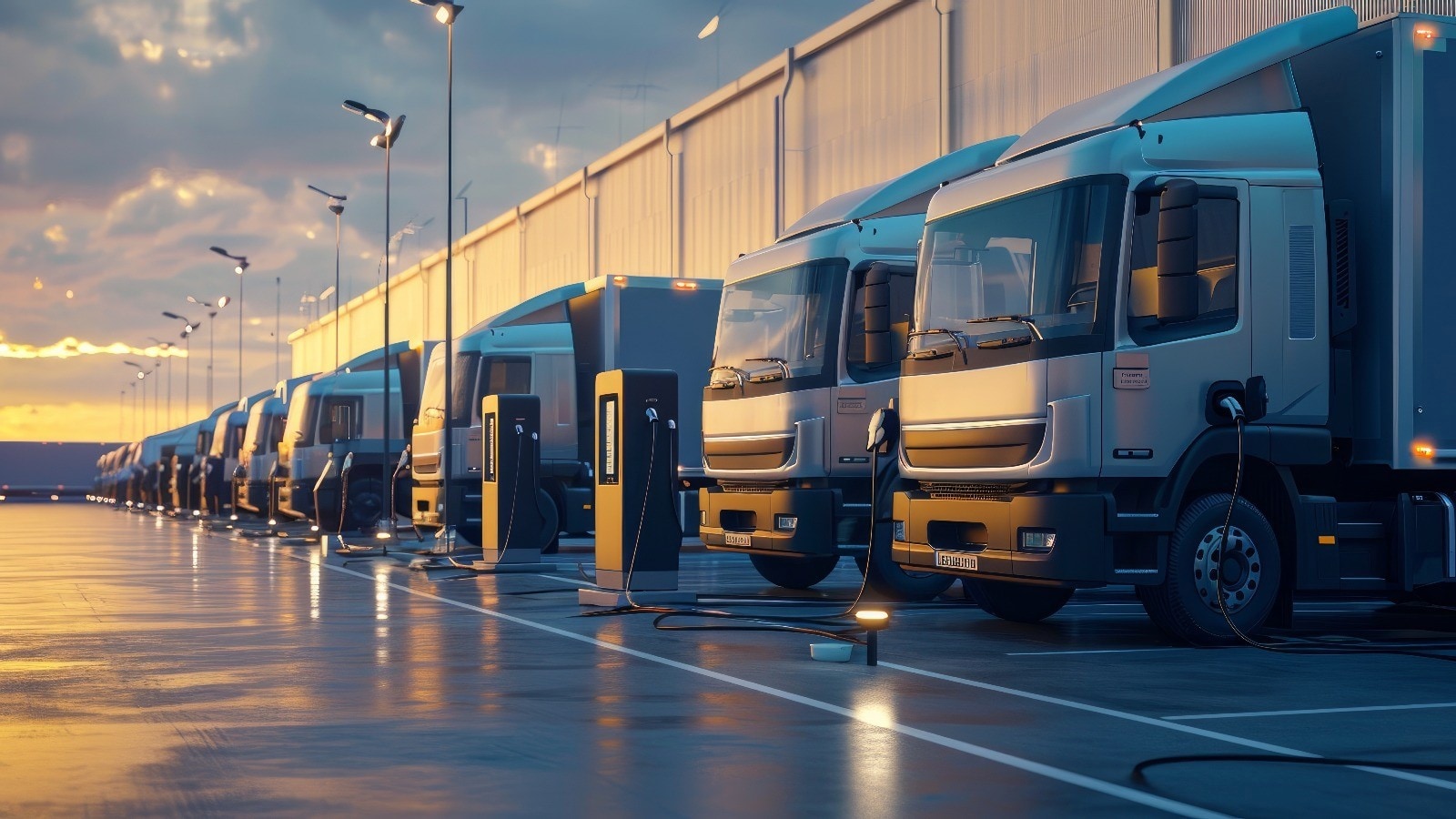 Fleet of electric cargo delivery trucks charging on at a logistics centre